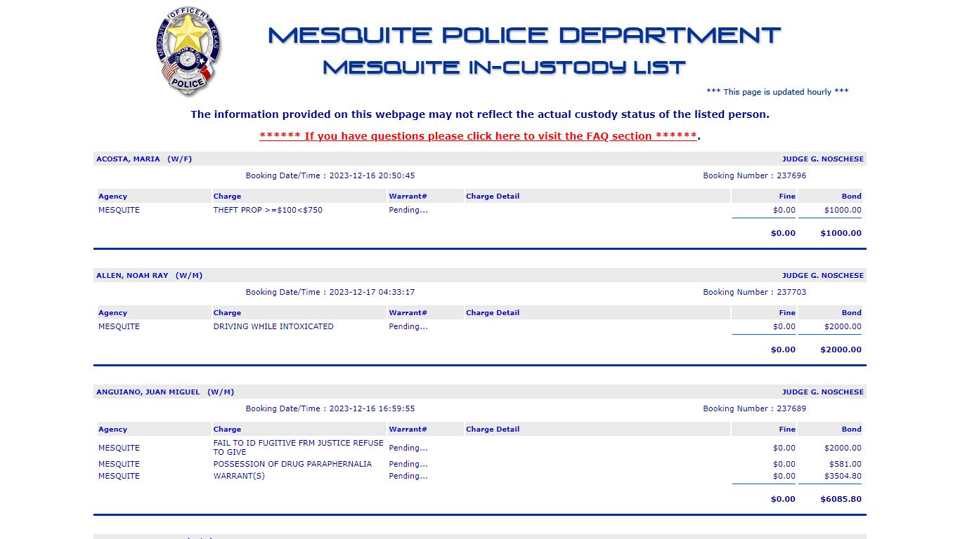 Jail List - Mesquite Police Department