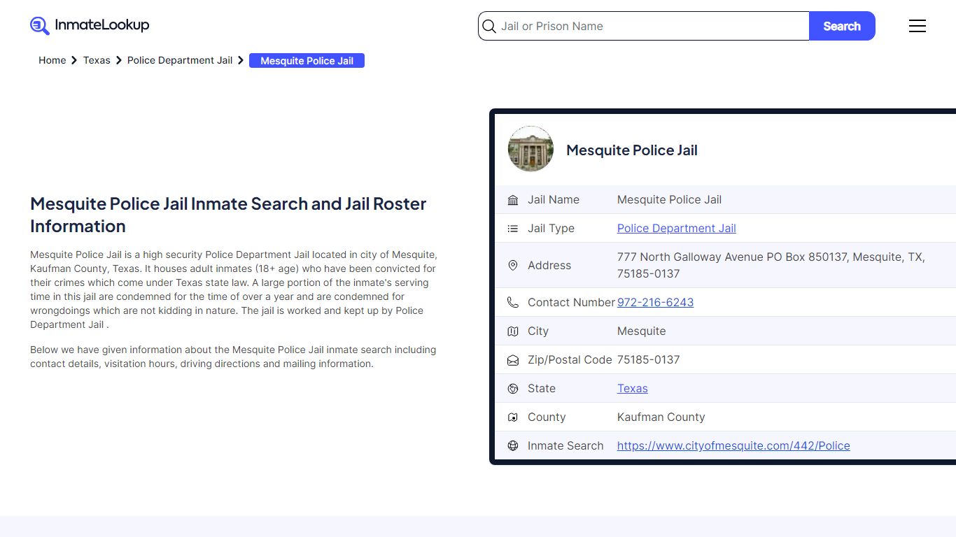 Mesquite Police Jail Inmate Search and Jail Roster Information